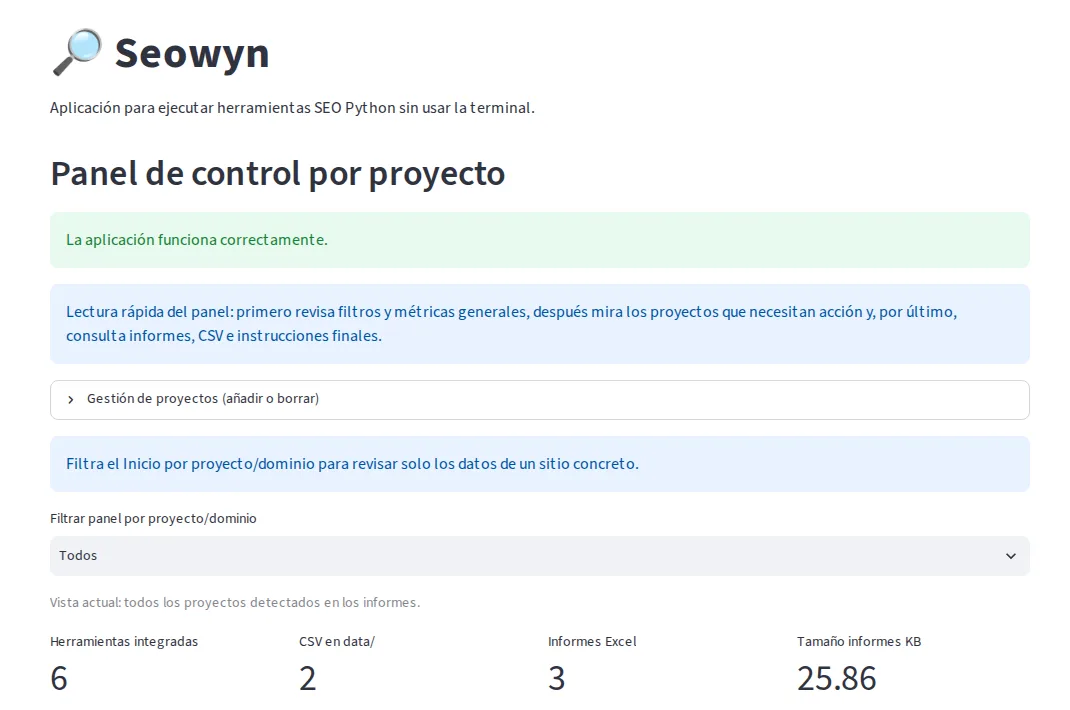 Seowyn: panel de control por proyecto